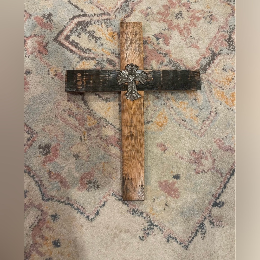KY Bourbon Barrel Staves made into a wooden cross w/metal accent & wall hanger